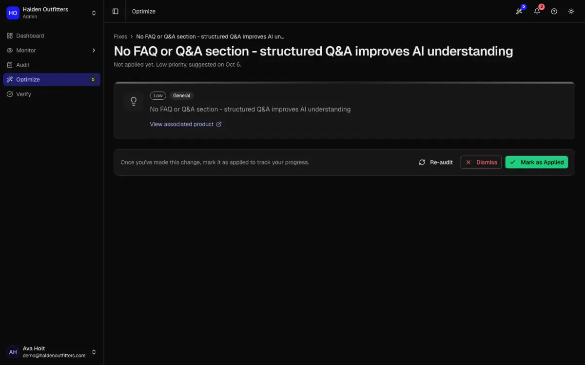 A fix's detail page with its actions