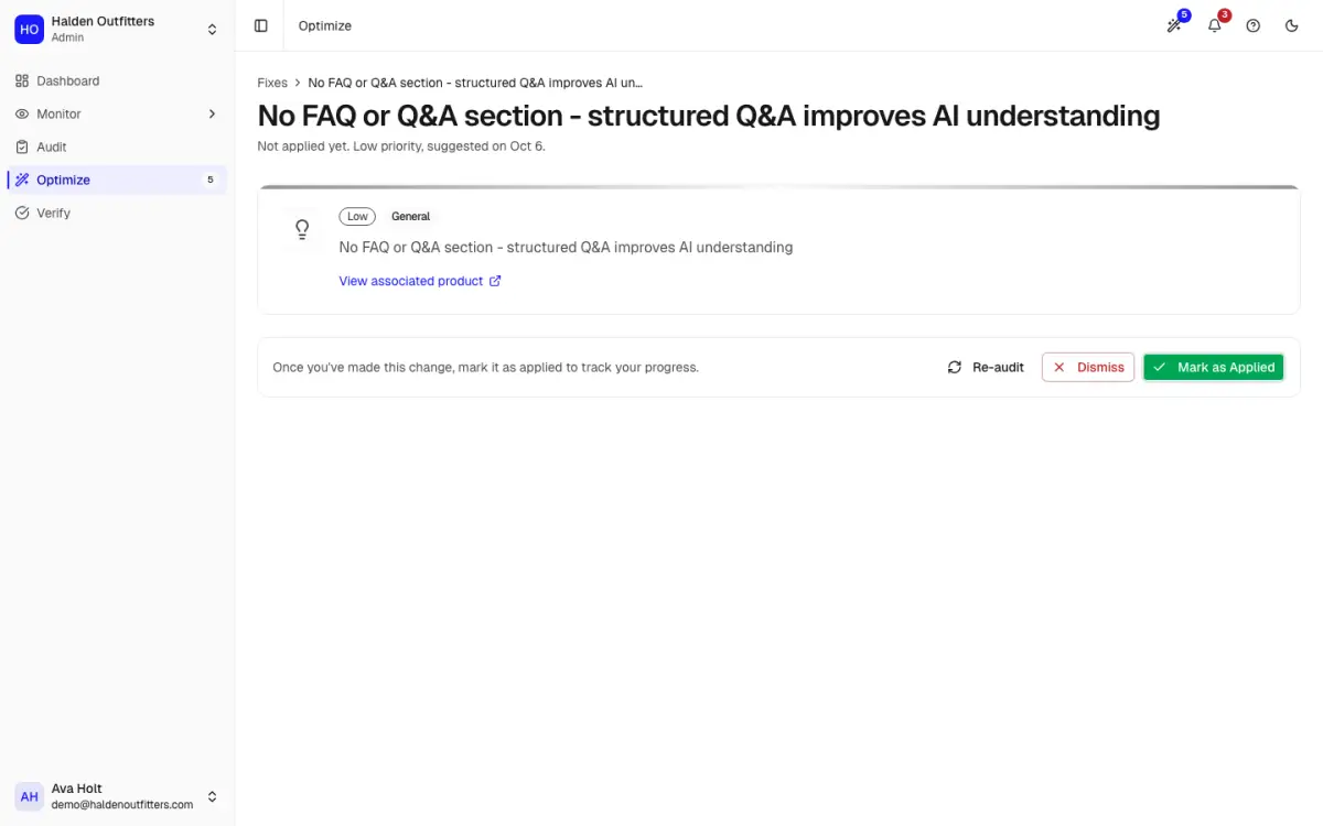 A fix's detail page with its actions