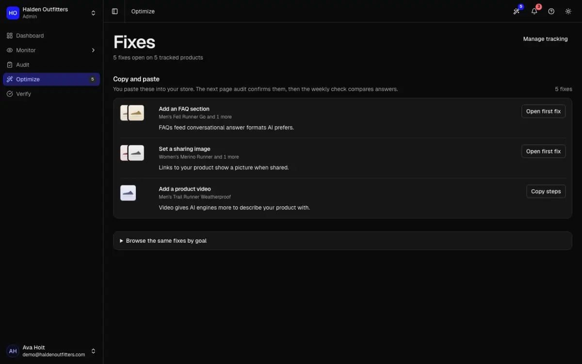 The Fixes page grouping open fixes