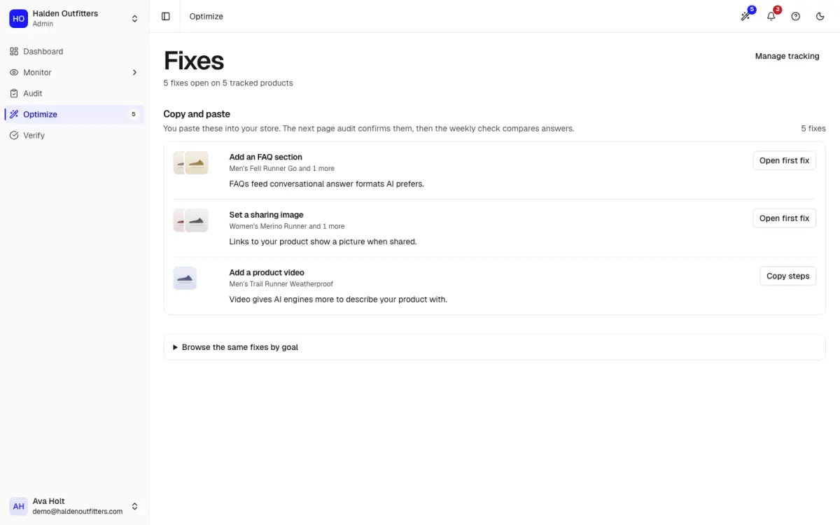 The Fixes page grouping open fixes