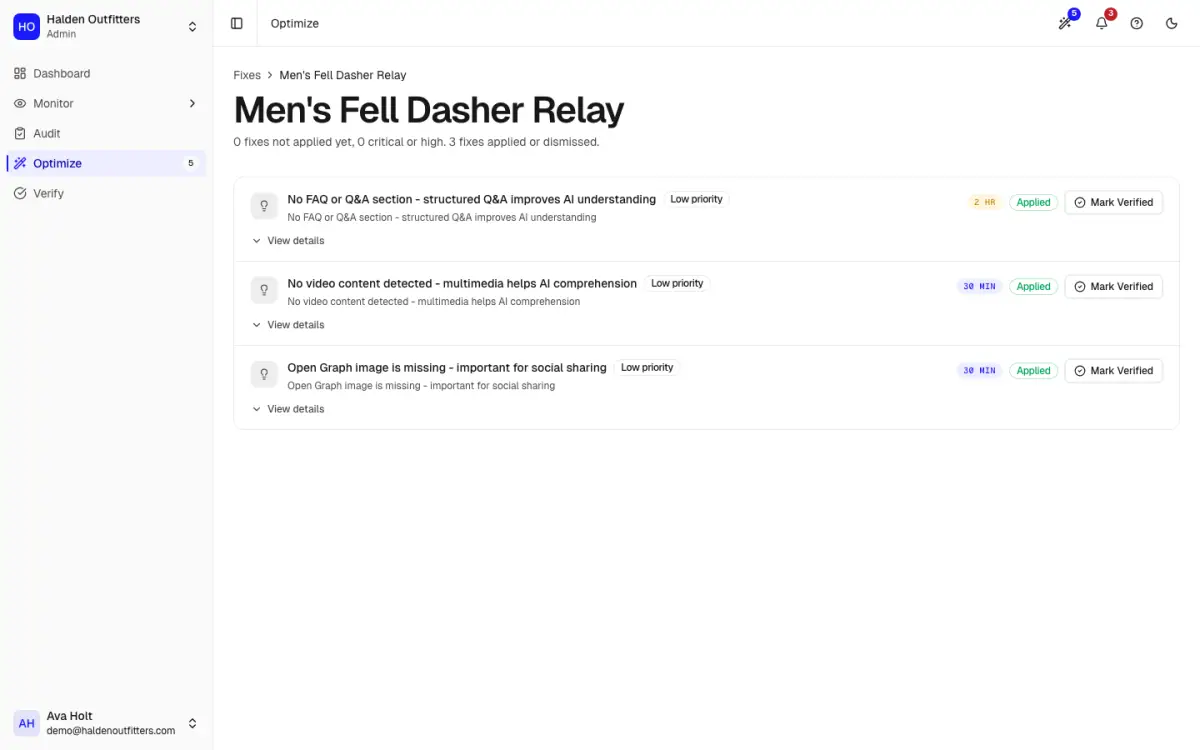 The fix list for a single product