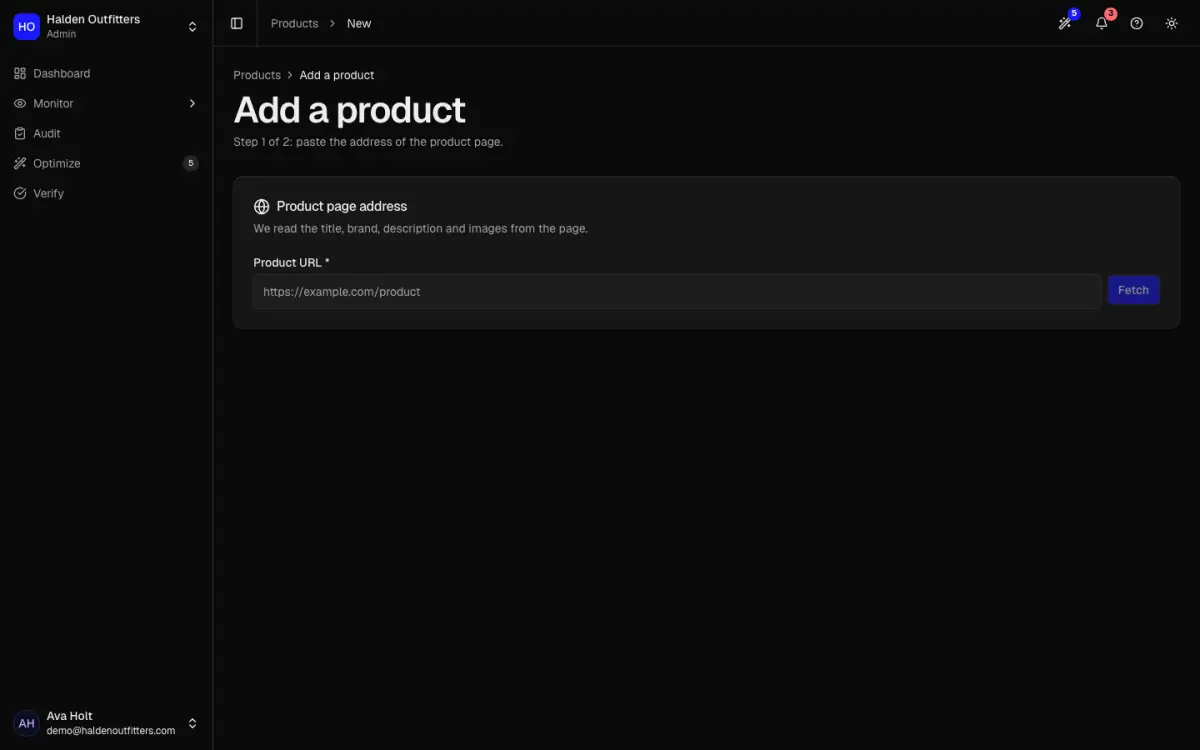 Add a product, step 1: paste a product URL and fetch it