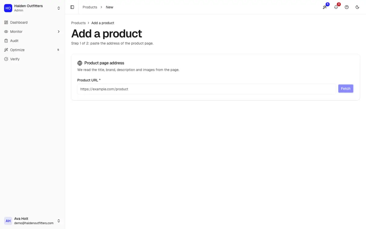 Add a product, step 1: paste a product URL and fetch it