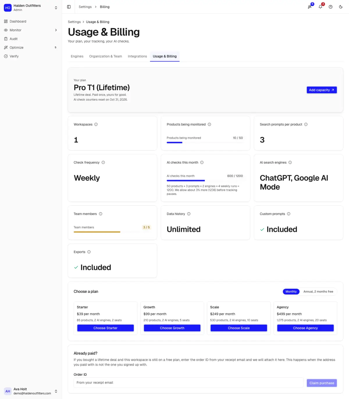 Usage and billing with plan, products and AI checks