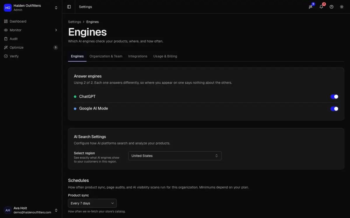 Settings with answer engines, region and schedules