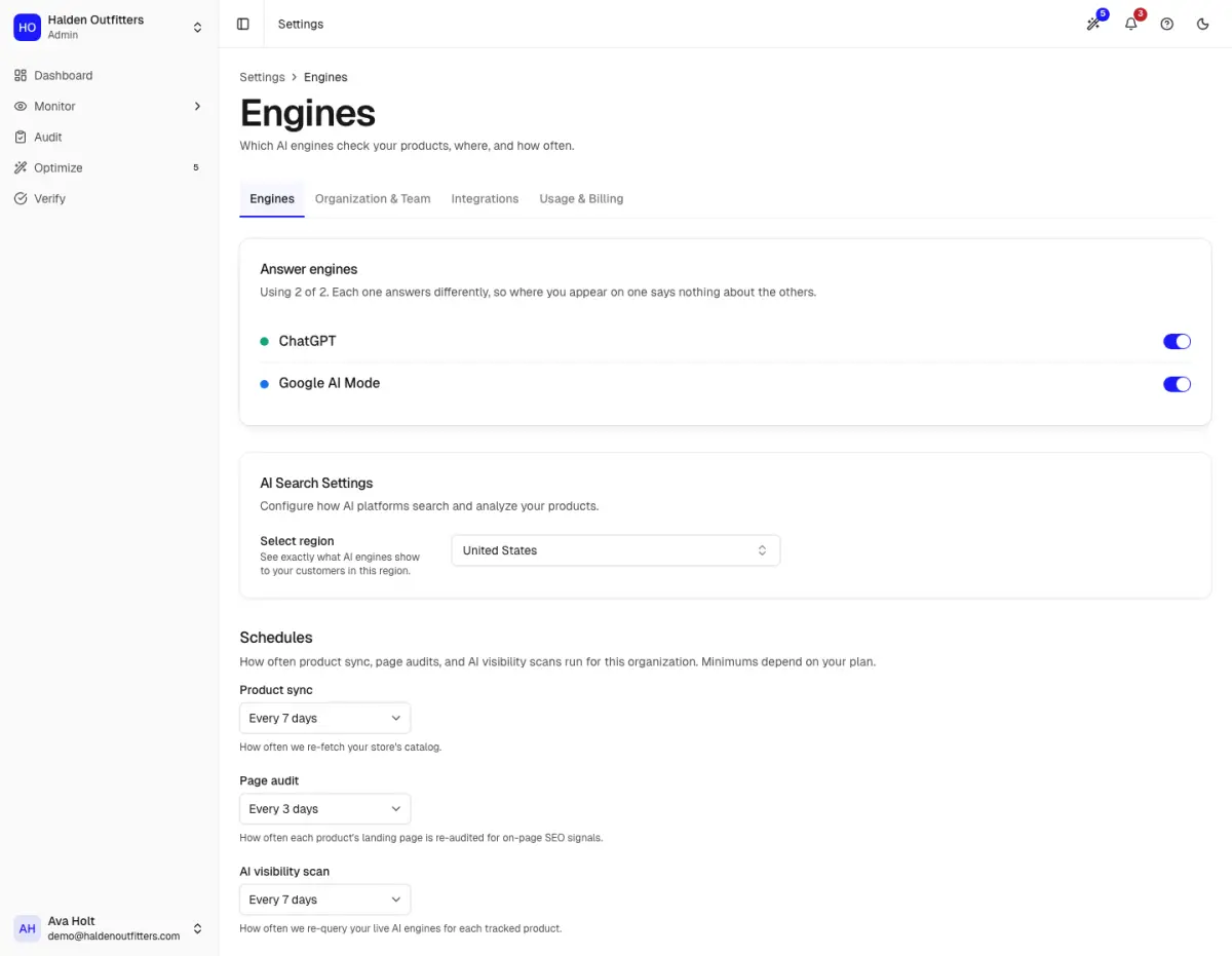 Settings with answer engines, region and schedules