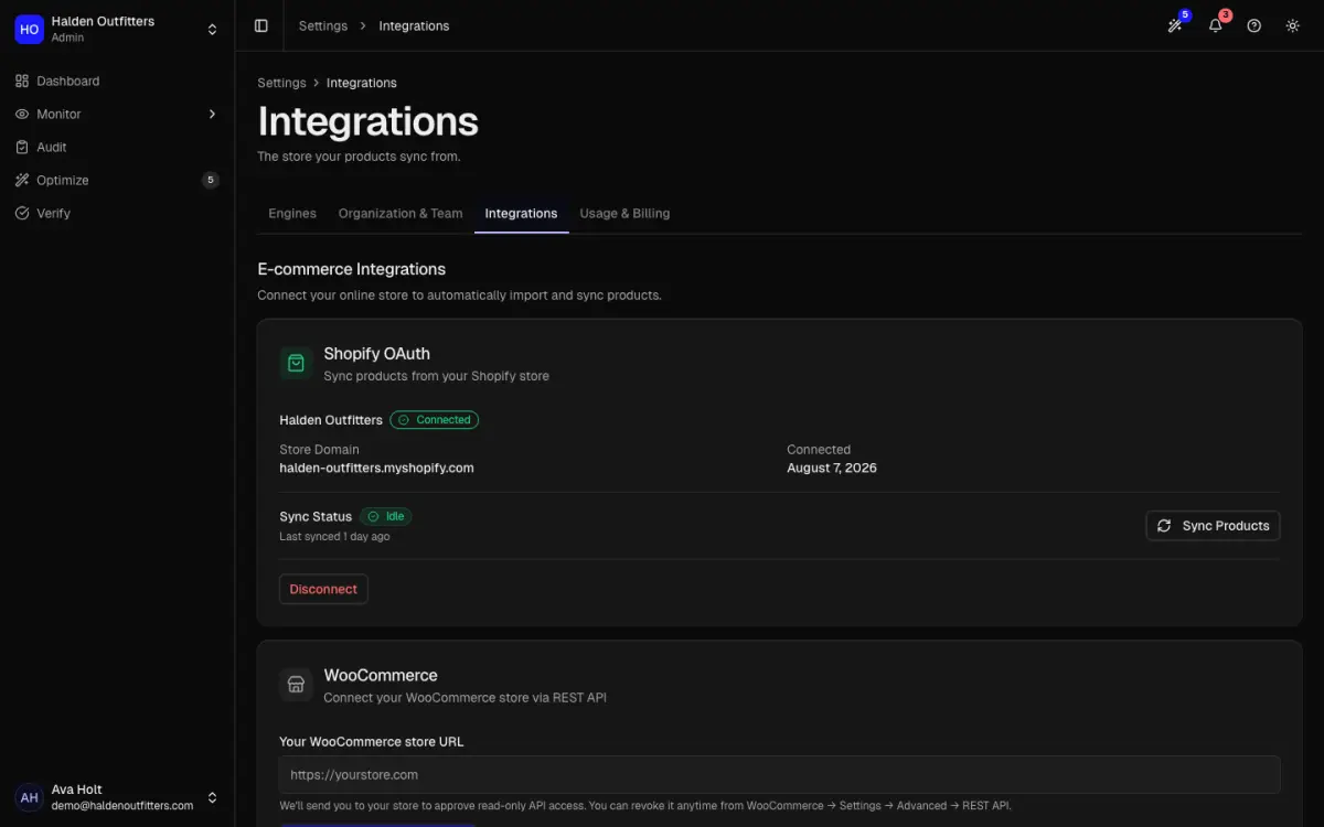 Integrations settings with Shopify connected and the WooCommerce form