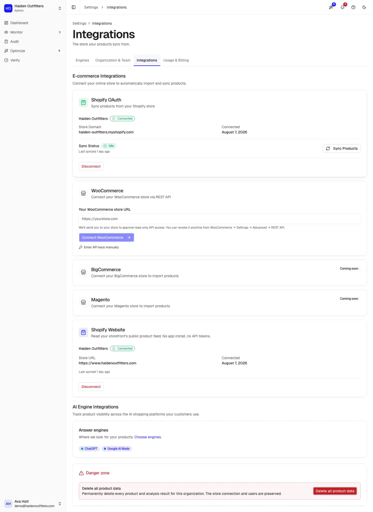 Integrations settings with Shopify connected and the WooCommerce form
