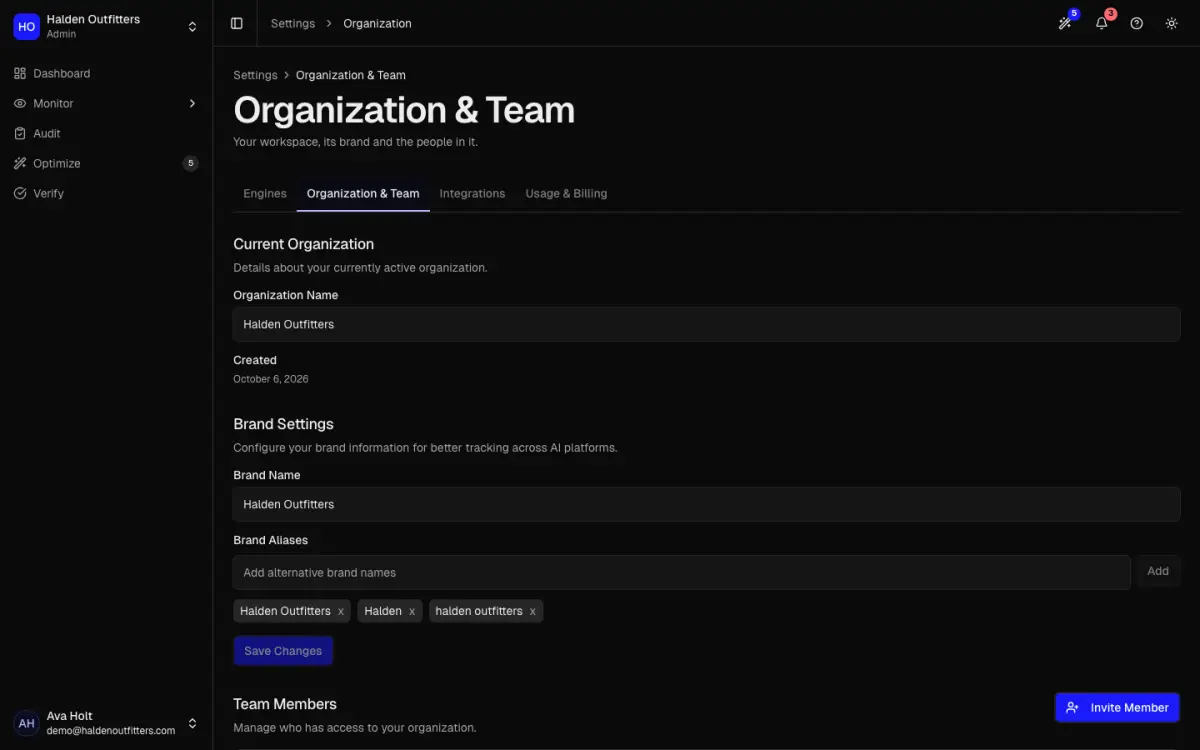 Organization settings with brand names and team members