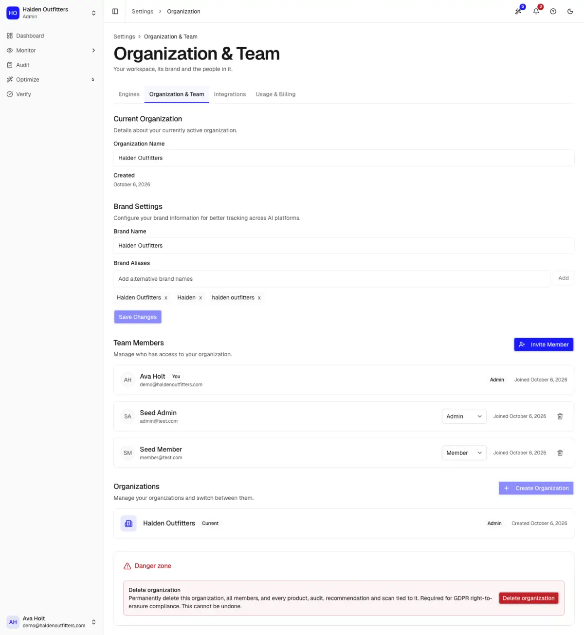 Organization settings with brand names and team members